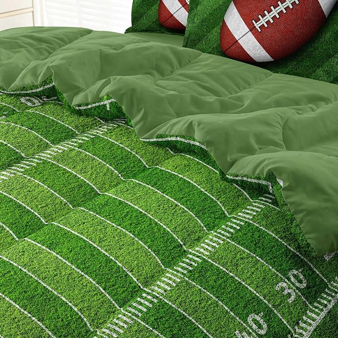 Football Comforter Set Twin Size for Teen Boys, Kids Football Field Bedding Green Themed Bedroom Set with Sheets, Twin Bed in a Bag Set
