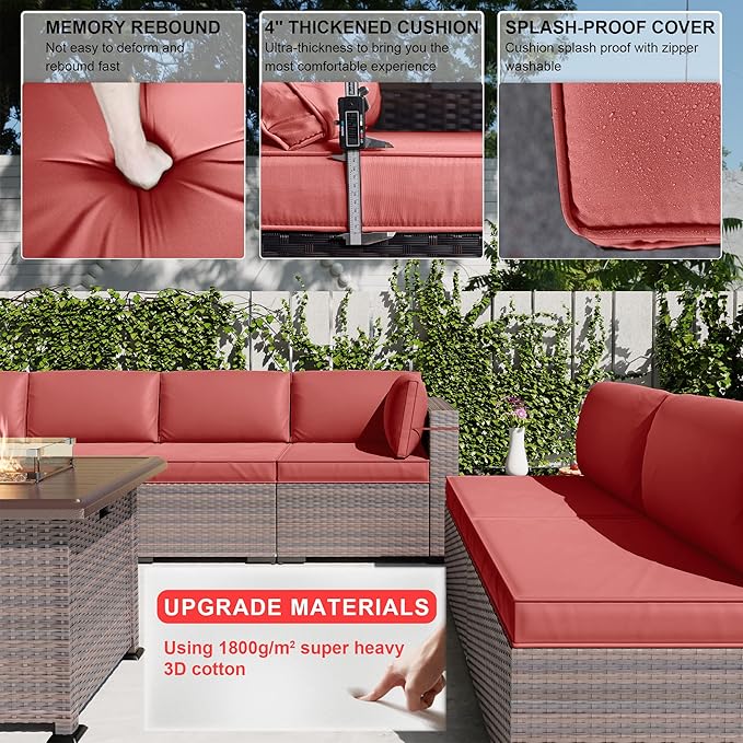 Kullavik 10 Pieces Outdoor Patio Furniture Set with 43" Gas Propane Fire Pit Table PE Wicker Rattan Sectional Sofa Patio Conversation Sets,Red