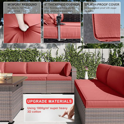 Kullavik 10 Pieces Outdoor Patio Furniture Set with 43" Gas Propane Fire Pit Table PE Wicker Rattan Sectional Sofa Patio Conversation Sets,Red