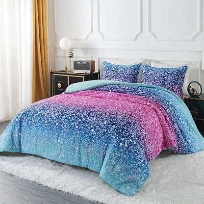 Litanika Galaxy Comforter Twin(66x90lnch), 3 Pieces(1 Blue Glitter Ombre Comforter, 2 Pillowcases), 3D Colorful Rainbow Bedding Set, Microfiber Comforter Set for Kid Boy Girl Teen