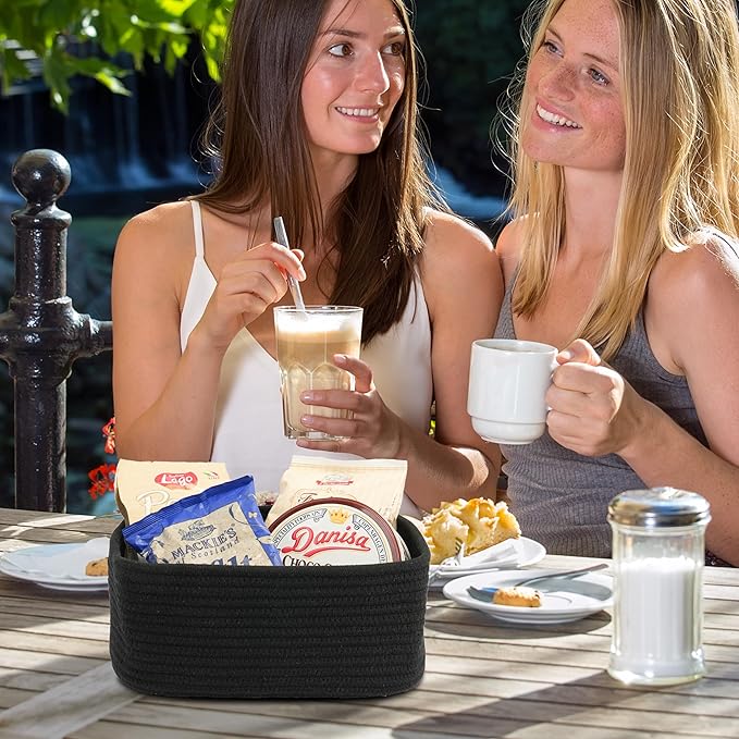Small Woven Storage Baskets 12“X8”X5“ Decorative Rope Bins for Organizing Shelves, Closets, and Toys, Empty Gift Baskets, Cute Organizer Basket for Home and Office (black, regular)