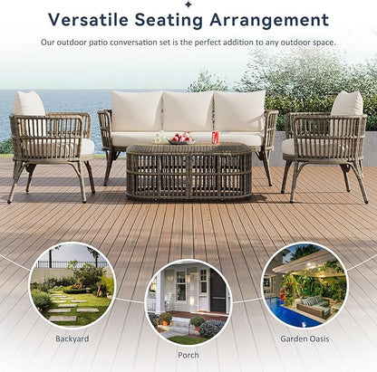 Furniture 4-Piece Outdoor Patio Conversation Seating for 5 Person and Coffee Table, Rattan Chair Wicker Sofa Bistro Sets for Porch, Backyard and Garden, Grey