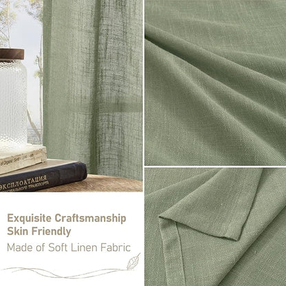 LAMIT Semi Sheer Linen Curtains 54 Inch Long 2 Panels, Sage Green Light Filtering Panels Bronze Grommet Linen Textured Christams Window Drapes for Kitchen/Windows/Bedroom, 52 x 54 Inch