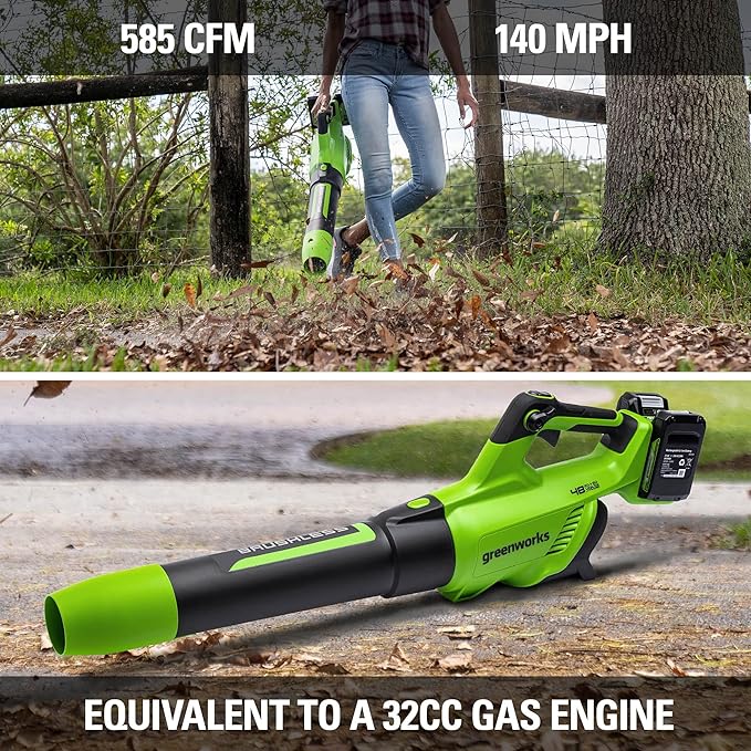 Greenworks 48V (2 x 24V) Cordless Brushless Axial Leaf Blower (140 MPH / 585 CFM / 125+ Compatible Tools), (2) 4.0Ah Batteries and Dual Port Rapid Charger Included