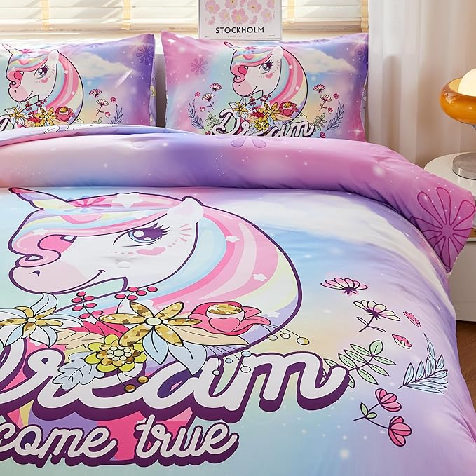 Unicorn Comforter Twin,Girls Pink Comforter Set,Kids Twin Comforter Set for Girls,Teen Girl Purple Unicorn Bedding Set Twin,Unicorn Room Decor with 2 Pillowcases