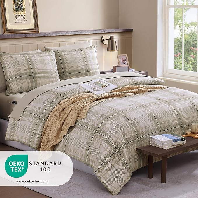 Beige Comforter Full Size, Khaki Green Plaid Full Size Comforter Sets for Boys & Girls,Classic Homestead-style Bedding Sets Full with Full Size Bed Sheets and Comforter Set