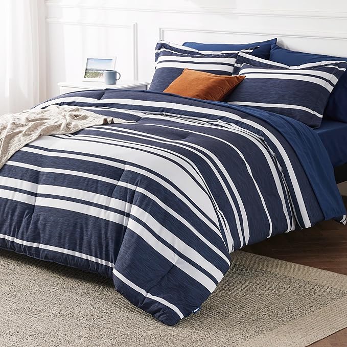 Bedsure Bed in a Bag King Size 7 Pieces, Navy White Striped Bedding Comforter Sets All Season Bed Set, 2 Pillow Shams, Flat Sheet, Fitted Sheet and 2 Pillowcases