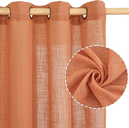 LAMIT Semi Sheer Linen Curtains 45 Inches Long, Bronze Grommet Light Filtering Panels Country Decor Drapes for Bedroom/Farmhouse/Windows, 52 x 45 Inch, Burnt Orange, 2 Panels Set