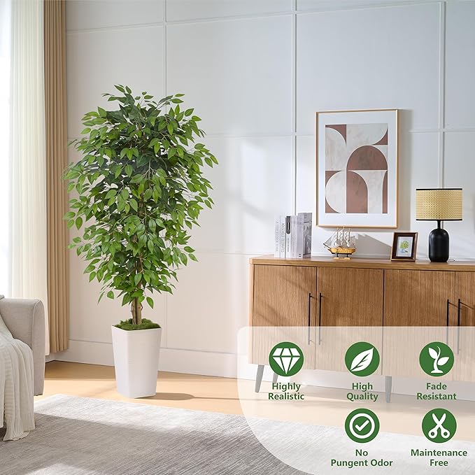 Artificial Ficus Tree 6FT Faux Floor Tree with Planter UV Resistant Potted Fake Silk Plant, Real Wood Trunk-Indoor Outdoor Lifelike Fake Ficus Tree for Home, Living Room Bedroom Topiary Tree