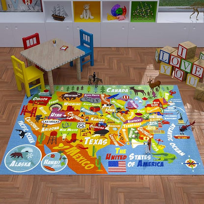 KC Cubs Playtime Collection USA United States Map Educational Learning & Game Area Rug Carpet for Kids and Children Bedrooms and Playroom (8'2" x 9'10"), Multi