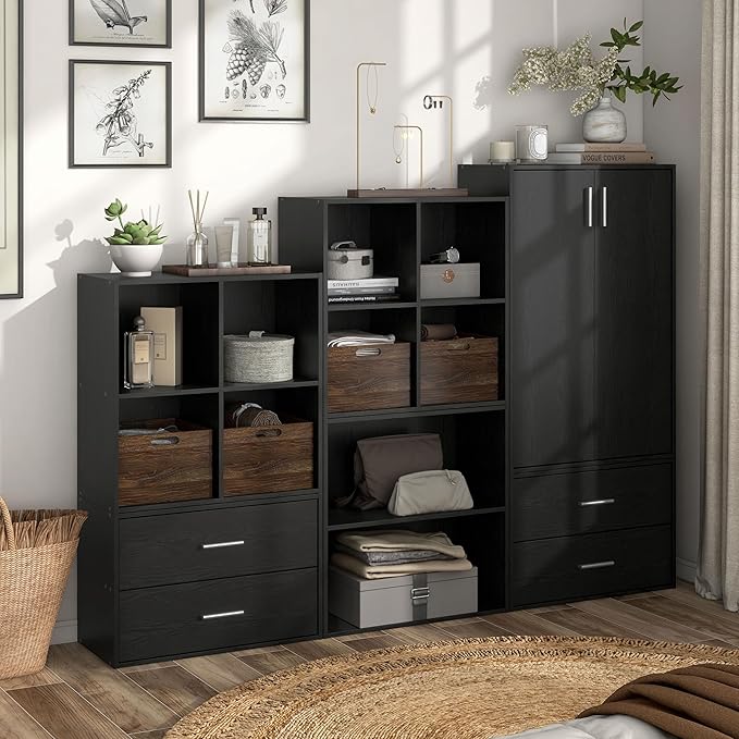 Apexa 4 Cube Storage Organizer Shelves, Stackable Wood Bookcase Fits Cubby Bins for Organization, Dorm Teen Room Decor & Home Office, Black