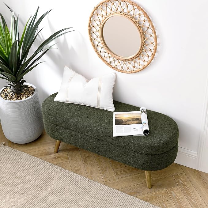 Oval Storage Bench 43.5" Linen Fabric Upholstered Entryway Bench with Solid Wood Legs Ottoman Bench Indoor Bench for Living Room/Bedroom/End of Bed/Entryway (Dark Green)