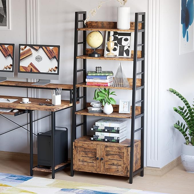 IRONCK Bookshelf with Louvered Doors, 4-tier Ladder Shelf with Cabinet Industrial Accent Furniture for Bedroom Living Room Home Office, Rustic Brown