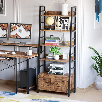 IRONCK Bookshelf with Louvered Doors, 4-tier Ladder Shelf with Cabinet Industrial Accent Furniture for Bedroom Living Room Home Office, Rustic Brown