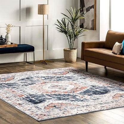 nuLOOM Evette Traditional Medallion Machine Washable Ultra Thin Area Rug, 8' x 10', Navy