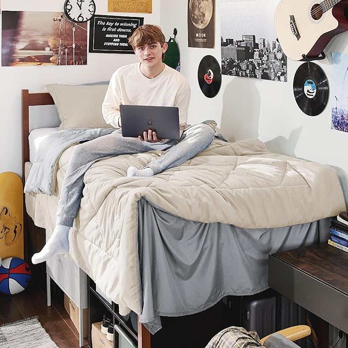 Bedsure Beige Twin Comforter Sets - 5 Pieces Reversible Twin Bedding Sets for College, Beige Extra Long Bed Set Twin with Comforters, Sheets, Pillowcase & Sham