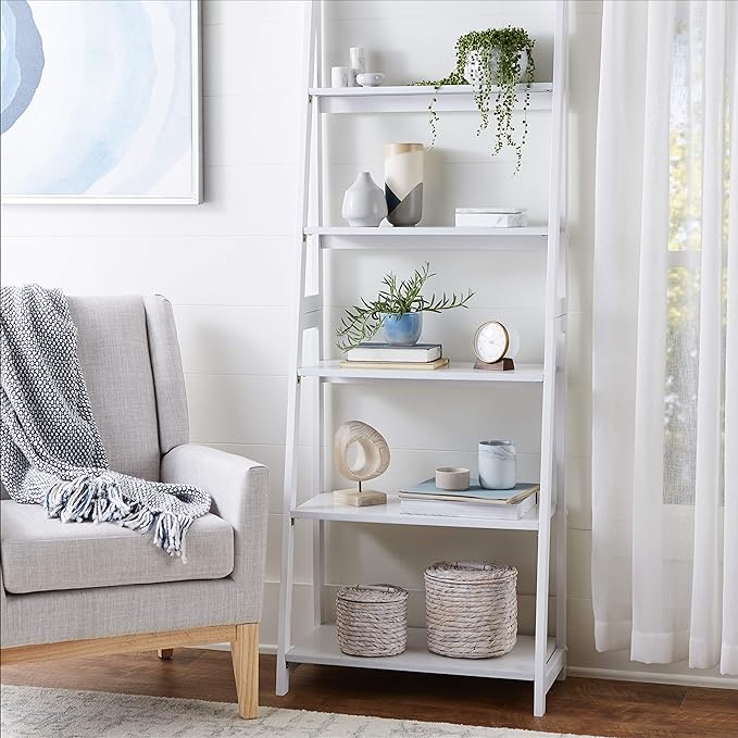 Amazon Basics Modern 5-Tier Ladder Bookshelf Organizer, Solid Rubberwood Frame, White, 14 D x 24.8 W x 70.1 H in