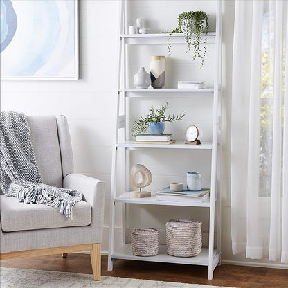 Amazon Basics Modern 5-Tier Ladder Bookshelf Organizer, Solid Rubberwood Frame, White, 14 D x 24.8 W x 70.1 H in