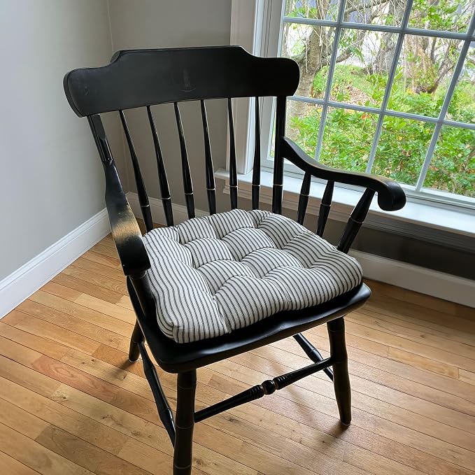 Barnett Home Decor Ticking Stripe Black Dining Chair Pad with Ties - 19" x 19" Size Large Chair Cushion - Latex Foam Fill - Machine Washable, Reversible, 100% Cotton, Made in USA