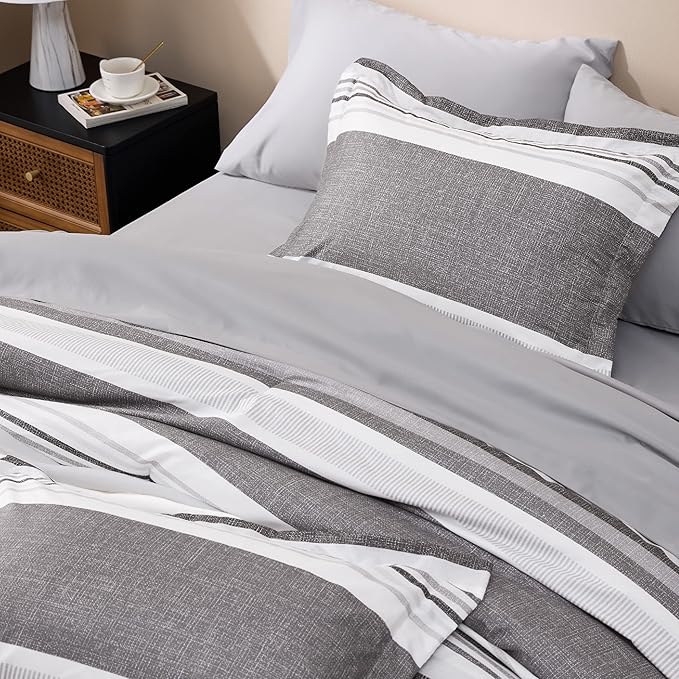 Bedsure Twin Comforter Set - 5 Pieces Grey White Striped Bedding Sets Twin Bed in A Bag with Comforters Twin Size, Sheets, Pillowcase & Sham, Bed Sets