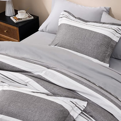 Bedsure Twin Comforter Set - 5 Pieces Grey White Striped Bedding Sets Twin Bed in A Bag with Comforters Twin Size, Sheets, Pillowcase & Sham, Bed Sets