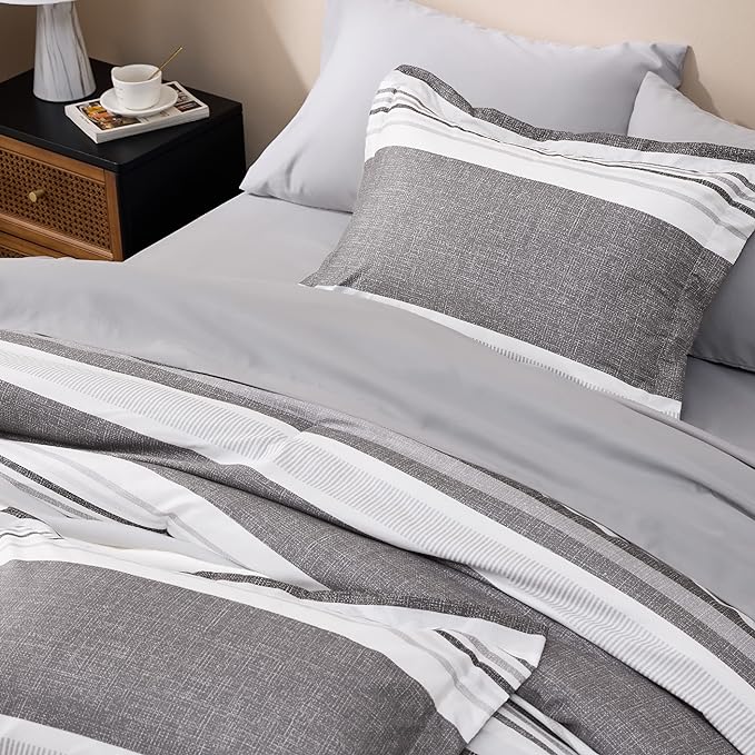 Bedsure King Size Comforter Set - 7 Pieces Grey White Striped Bedding Sets King Bed in A Bag with Comforters King Size, Sheets, Pillowcases & Shams, Bed Sets