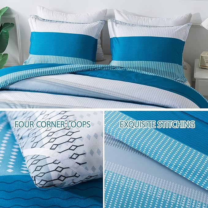 Andency Stripe Comforter Set Twin Size (66x90 Inch), 2 Pieces Teal Patchwork Striped Comforter, Soft Microfiber Down Alternative Comforter Bedding Set with Corner Loops