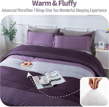 Andency Stripe Comforter Set Full Size (79x90 Inch), 3 Pieces Purple and Gray Patchwork Striped Comforter, Soft Microfiber Down Alternative Comforter Bedding Set with Corner Loops