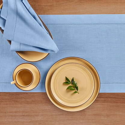 Solino Home Linen Cornflower Blue Hemstitch Table Runner 60 Inches - 100% Pure Linen Small Table Runner 14 x 60 Inch Ideal for Dresser and Coffee Tables - Classic Hemstitch