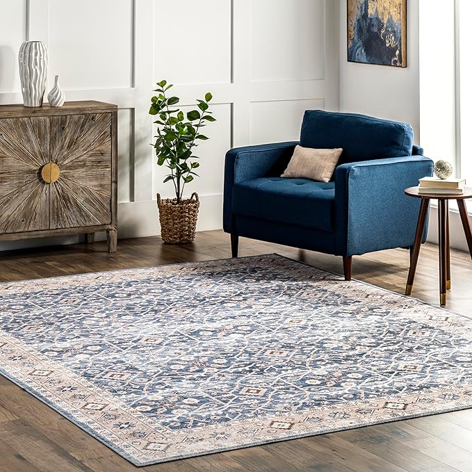 nuLOOM Shae Faded Persian Bordered Machine Washable Ultra Thin Area Rug, 8' x 10', Blue