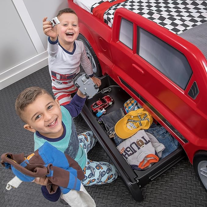 Step2 Turbocharged Twin Size Truck Car Bed, Car Bed for Boys and Girls, Working Headlights & Built-In Storage, Toddlers Ages 3+ Years Old, Adult Assembly Required, Vibrant Red