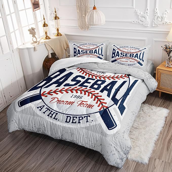 Datura home Baseball Comforter Set Vintage Grey Baseball Printed Quilt Bedding Set with 1 Comforter and 2 Pillowcases for Boys and Girls Bedroom All Season(Baseball Twin)