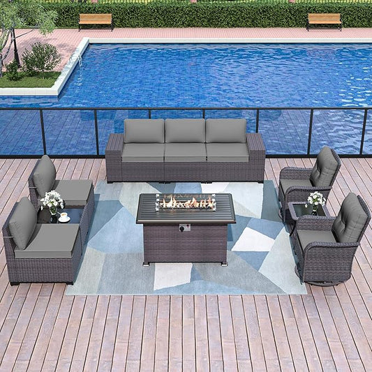 Patio Furniture Sectional Sofa Set 10-Pieces PE Rattan Swivel Rocking Chairs Outdoor Furniture Set w/43in Gas Fire Pit Table, Patio Conversation with 55000 BTU Propane Fire Pit, Grey