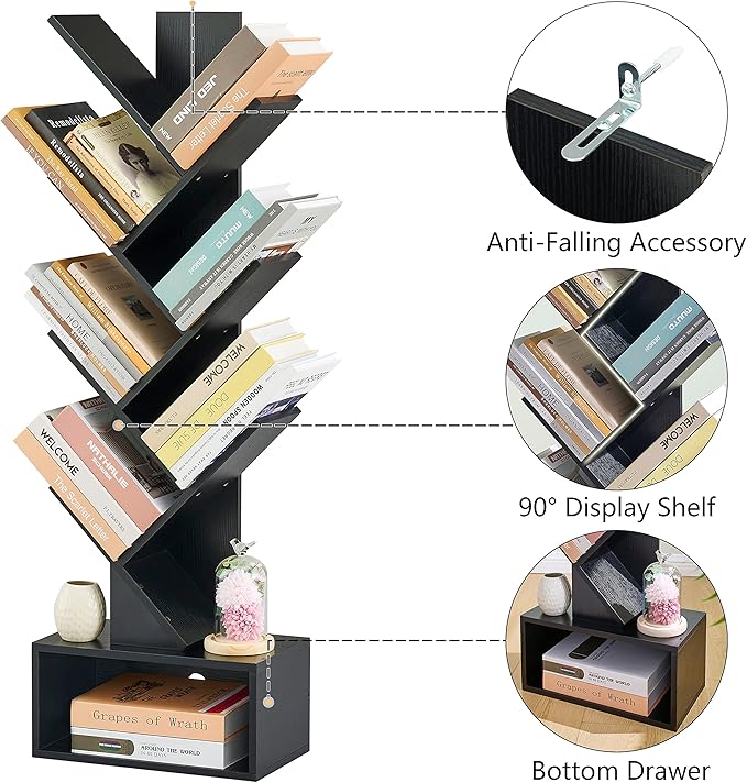 Hoctieon 6 Tier Tree Bookshelf, Tall Bookcase with Drawer, Freestanding Book shelf, Display Floor Standing Storage Shelf, Book Organizer Shelves for Home Office, Living Room, Bedroom, Black