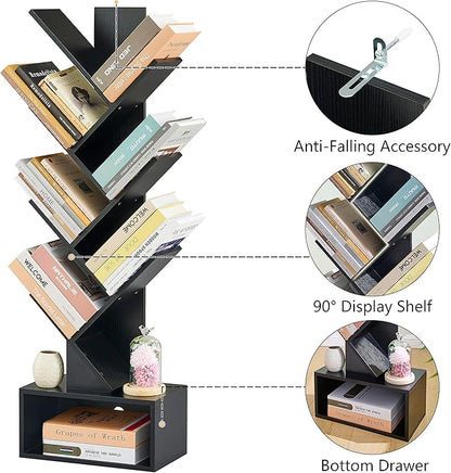 Hoctieon 6 Tier Tree Bookshelf, Tall Bookcase with Drawer, Freestanding Book shelf, Display Floor Standing Storage Shelf, Book Organizer Shelves for Home Office, Living Room, Bedroom, Black