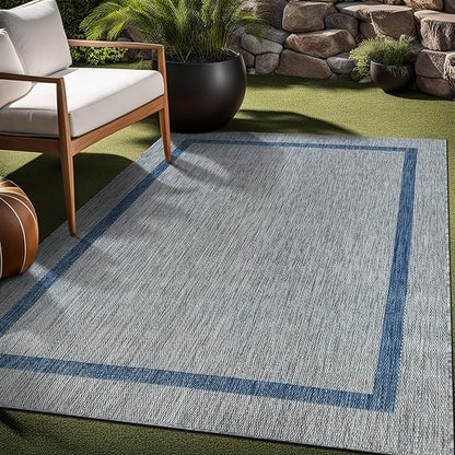 Bordered Outdoor Rug 6x9 Washable Outside Carpet for Indoor Patio Porch Waterproof Easy Cleaning Non Shedding Area Rugs Silver Gray - Blue 6 x 9