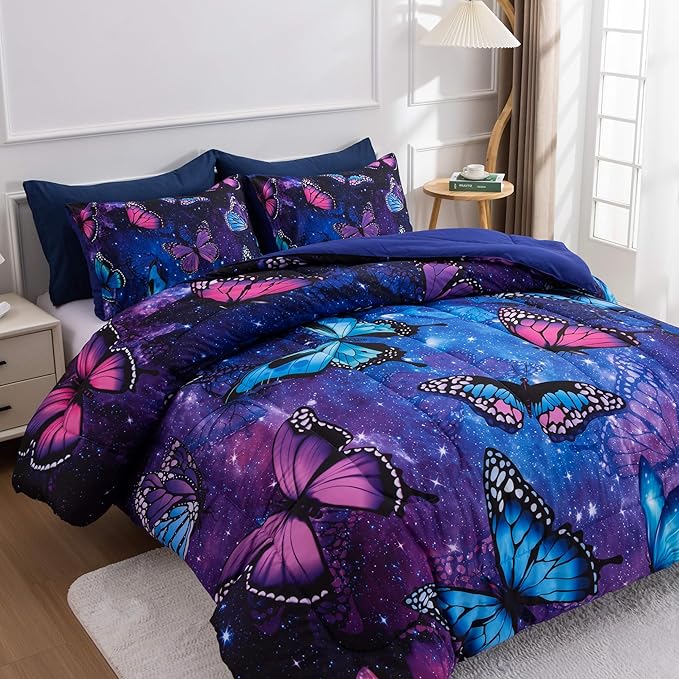 Btargot 3 Piece Butterfly Pattern Girls Comforter Set with 2 Pillow Covers, Galaxy Outer Space Printed Bedding Set for Women, Full Purple Blue