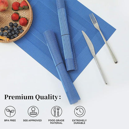 Leetaltree Blue Frame Placemats Set of 8 - Heat Resistant Non-Slip Place mats for Dining Table, Washable Durable PVC Vinyl Woven Table Mats（Blue Frame, 8）