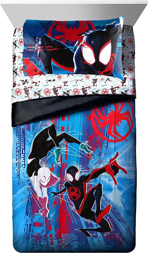 Marvel Spiderman Across The Spider-Verse Glitch 5 Piece Twin Size Bed Set - includes Comforter & Sheet Set Bedding - Super Soft Fade Resistant Microfiber (Official Product)