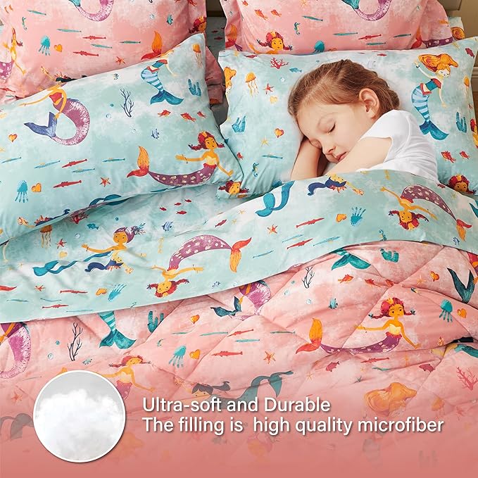 Twin Size Mermaid Kids Bedding Set for Girls, 5 Pieces Super Soft Lightweight Microfiber Comforter Set with Sheets, Bed in a Bag, Durable Children Bed Set
