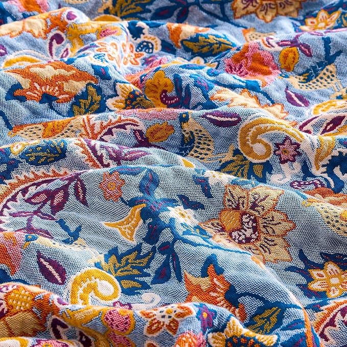 Boho Throw Blanket for Bed, 100% Cotton Soft Rustic Quilt Fall Blanket, 80"x90" Floral Printed Farmhouse Decor Bed Blankets, All Season Rustic Reversible Bohemian Throw Quilt