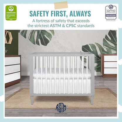 Lucas Mini Modern Crib with Rounded Spindles & Sunset 3” Extra Firm Fiber Crib Mattress, Greenguard Gold Certified, Waterproof Vinyl Cover, Baby Mattresses for Cribs