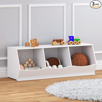UTEX Toy Storage Organizer,Stackable Kids Toy Storage Cubby with 3 Bins,Toy Boxes and Storage for Playroom,Bedroom,Nursery School,White
