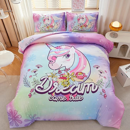 Unicorn Comforter Twin,Girls Pink Comforter Set,Kids Twin Comforter Set for Girls,Teen Girl Purple Unicorn Bedding Set Twin,Unicorn Room Decor with 2 Pillowcases