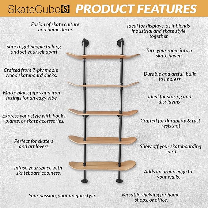 Industrial Shelves - 5 Tier Industrial Decor Pipe Bookcase Using 7 Ply Skateboard Decks - Natural Wood Stain Finish - Bathroom Wall Decor, Living Room Furniture, Book Shelf for Skateboard Enthusiasts