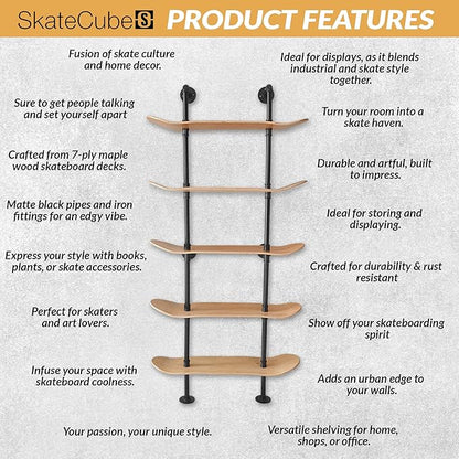 Industrial Shelves - 5 Tier Industrial Decor Pipe Bookcase Using 7 Ply Skateboard Decks - Natural Wood Stain Finish - Bathroom Wall Decor, Living Room Furniture, Book Shelf for Skateboard Enthusiasts