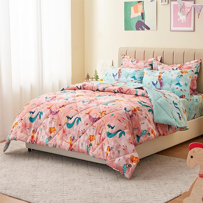 Twin Size Mermaid Kids Bedding Set for Girls, 7 Pieces Super Soft Lightweight Microfiber Comforter Set with Sheets, Bed in a Bag, Durable Children Bed Set
