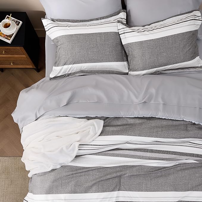 Bedsure Twin Comforter Set - 5 Pieces Grey White Striped Bedding Sets Twin Bed in A Bag with Comforters Twin Size, Sheets, Pillowcase & Sham, Bed Sets