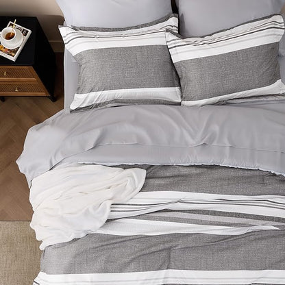 Bedsure Twin Comforter Set - 5 Pieces Grey White Striped Bedding Sets Twin Bed in A Bag with Comforters Twin Size, Sheets, Pillowcase & Sham, Bed Sets