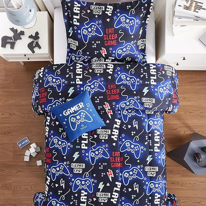 Kids Comforter Set Twin Size for Boys, Glow in The Dark Black Gamer Bedding Set Twin-1 Twin Comforter, 1 Decor Pillow, 1 Pillow Sham